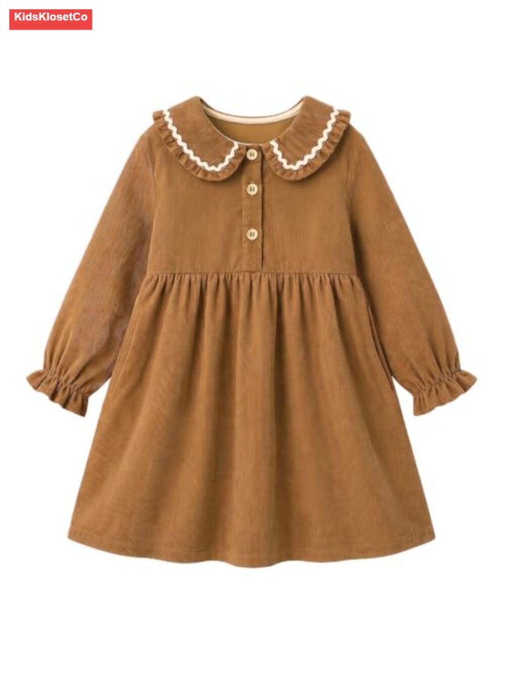 Girls Corduroy Dress Long Sleeve Cotton Peter Pan Collar Button - Picture 2 of 6